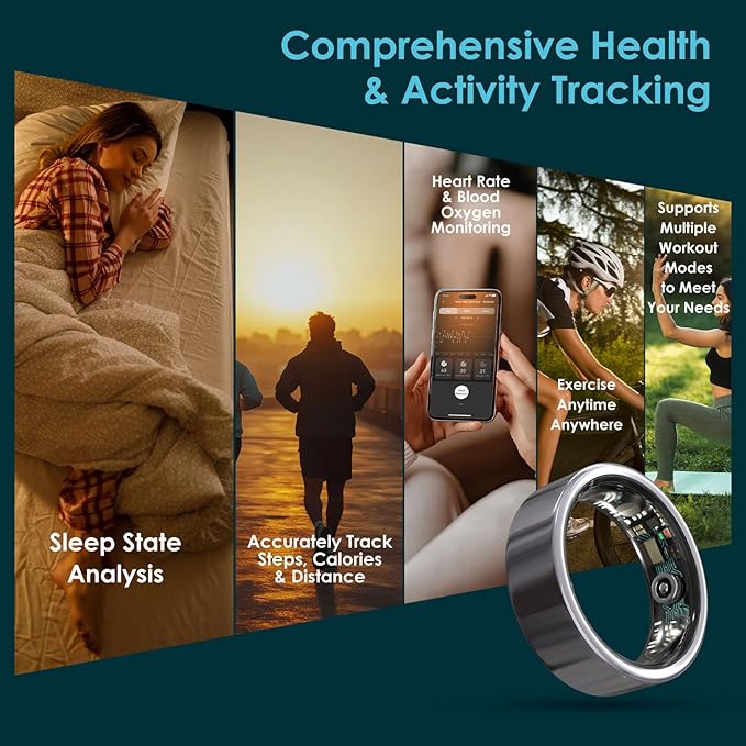 Smart Ring Health Monitoring 5ATM Waterproof Fitness Tracker with Glossy Titanium Surface Blood Oxygen/Sleep/Stress Tracking Women?™s Cycle Prediction Sport Ring Compatible with iOS/Android Black 10