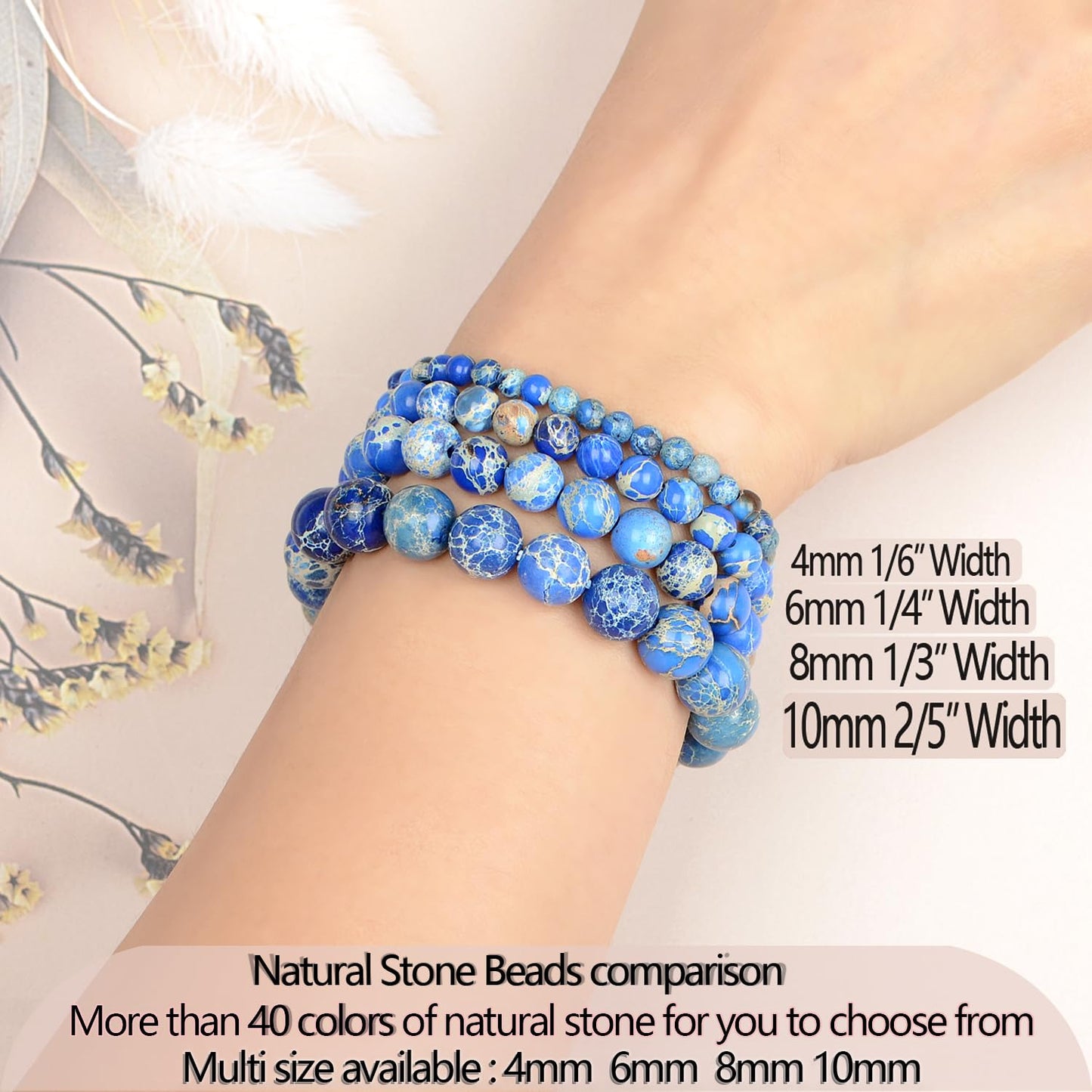 LPBeads Handmade Natural Gemstone Stretch Elastic 10mm Blue Imperial Jasper Bracelet Healing Crystal Round Stone Beads Jewelry Gifts for Women Men