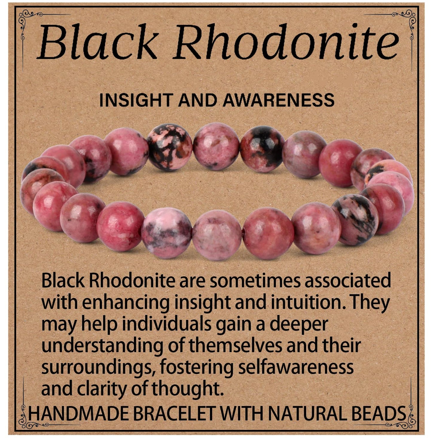 LPBeads Handmade Natural Gemstone Stretch Elastic 8mm Pink Black Rhodonite Bracelet Healing Crystal Round Stone Beads Jewelry Gifts for Women Men
