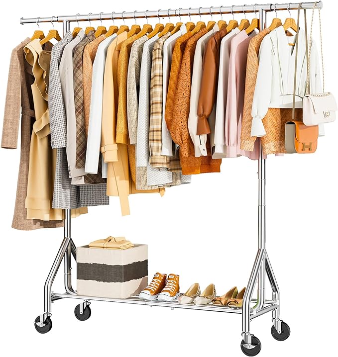 HYSEYY Heavy Duty Clothes Rack Load 450 LBS, Metal Garment Rack, Standing Rolling Clothing Rack for Hanging Clothes with Sturdy Wheels & Shelves, Portable Closet Wardrobe Rack,Sliver