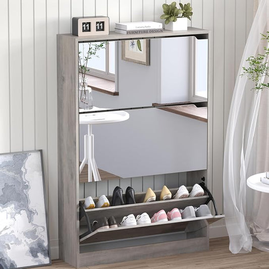 BORNOON Shoe Cabinet with 3-Flip Mirror Drawers, Freestanding Shoe Rack Organizer with Hidden Handle, Slim Narrow Shoe Storage Cabinet for Entryway, Entrance, Hallway, Bedroom