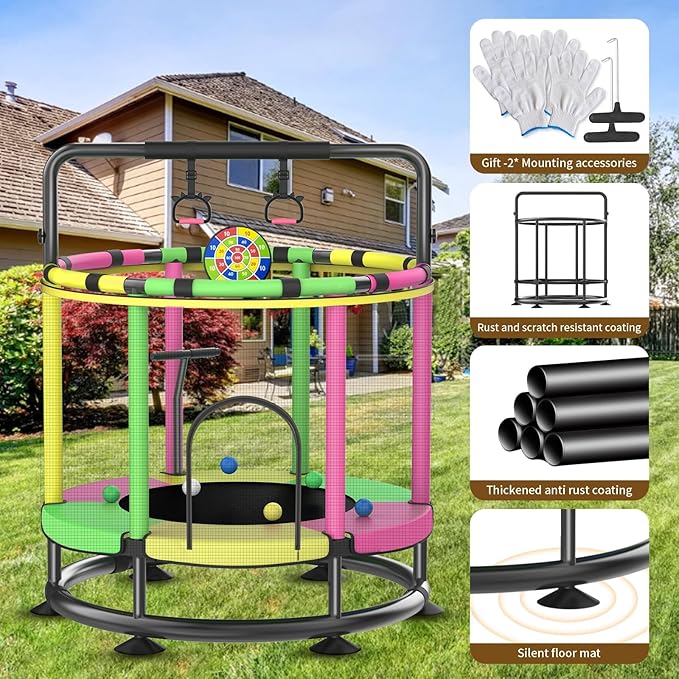 Trampoline for Kids, Full Anti-Rust 440lbs Anti-Rollover Round Bottom Toddler Trampoline, T-handrail Adjustable Baby Toddler Trampolines Dart Board