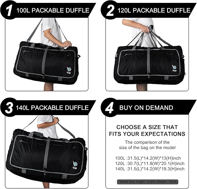 Bago Large Foldable Duffel Bags for Traveling Women & Men - 120L Packable Duffle Bag for Travel with Shoe Compartment - Water Repellant, Heavy Duty, Lightweight Folding & Collapsible (SnowBlack)
