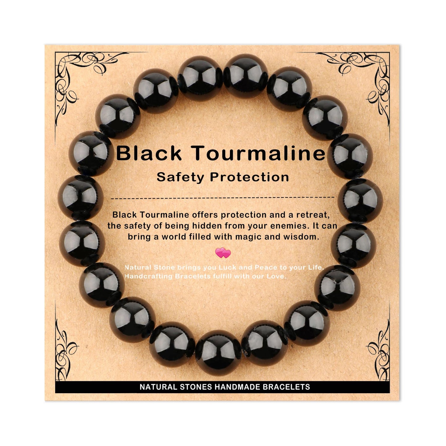 AD Beads 10mm Handmade Black Tourmaline Elastic Bracelet – Natural Gemstone for Safety Protection – Meditation, Yoga, Healing and Energy Gift for Men Women