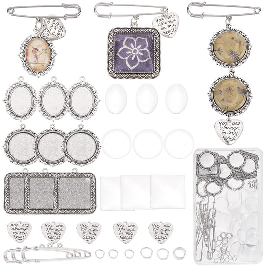 SUNNYCLUE 1 Box 65Pcs Wedding Bouquet Charms Memorial Picture Charm Oval Round Square Brooch Pins Glass Cabochons Silver Heart Pendants for Jewelry Making Women Men DIY 10Pcs Brooches Supply