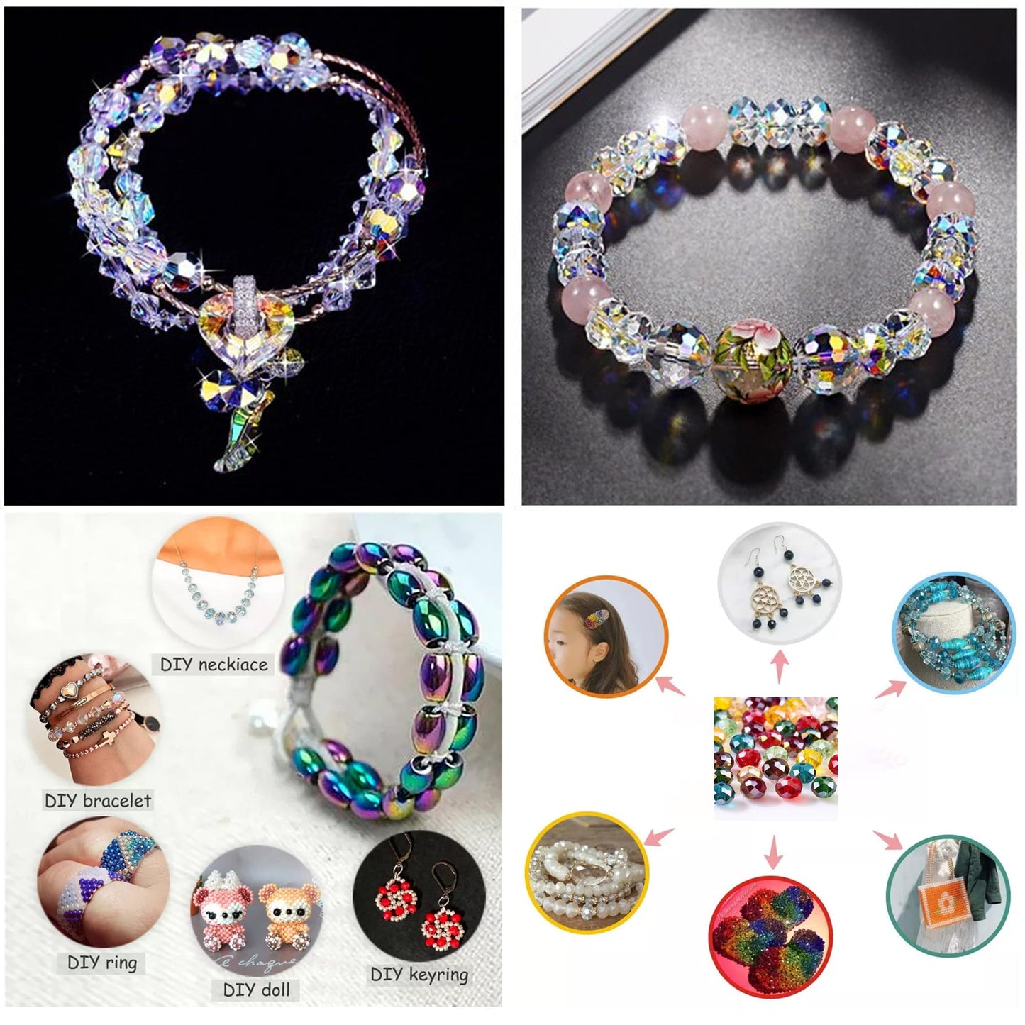 Niziky 500PCS Crystal Glass Beads for Jewelry Making, 4mm Multicolor Black Faceted Rondelle Beads with Hole, Glass Crystal Briolette Spacer Bead for Jewelry Bracrlet Making Crafts Projects