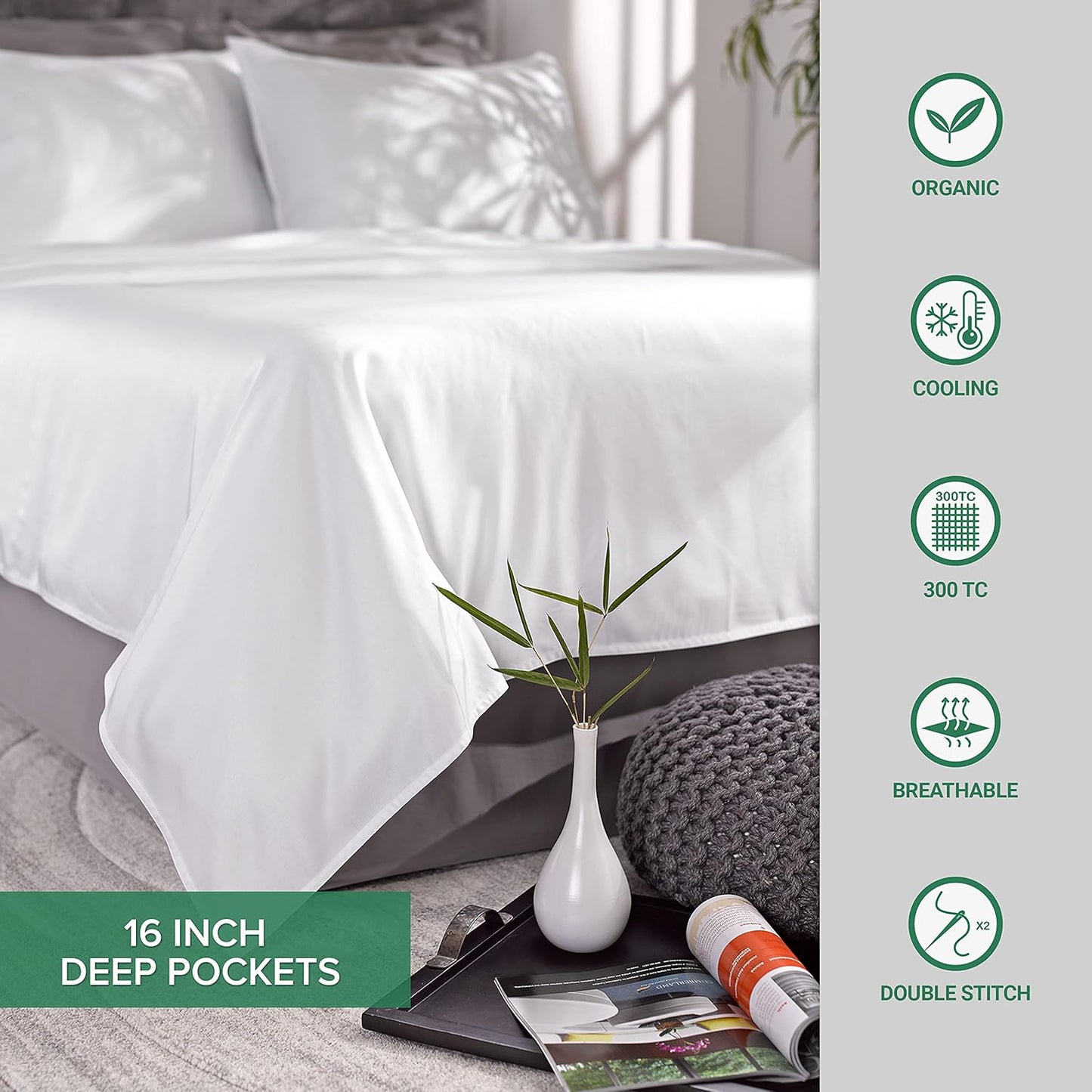 Pure Bamboo California King Sheets - 100% Organic Viscose Bed Set, Soft & Cooling, White