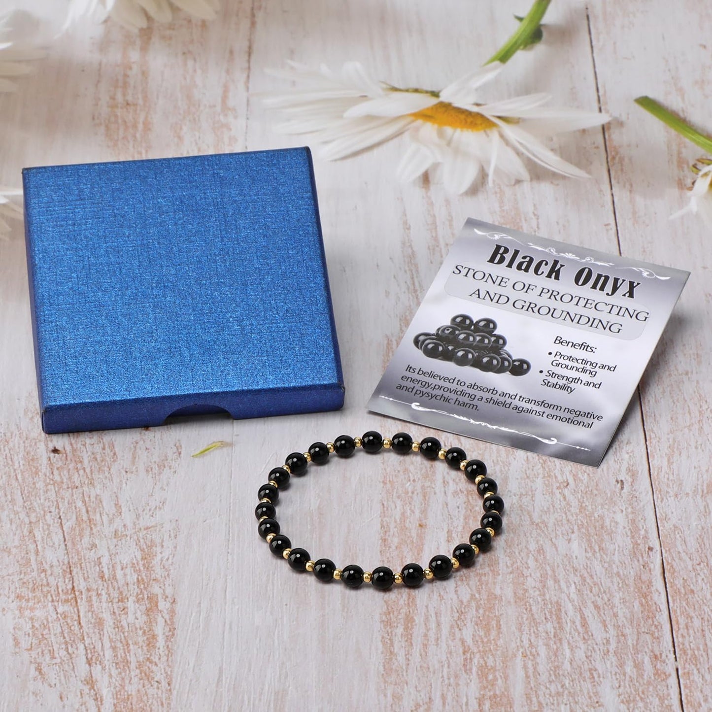 QOGIR Black Onyx - Protecting and Grounding - 14K Gold Plated Beads Natural Gemstone Stretch Elastic Dainty Healing Beaded Bracelets Gifts 6mm