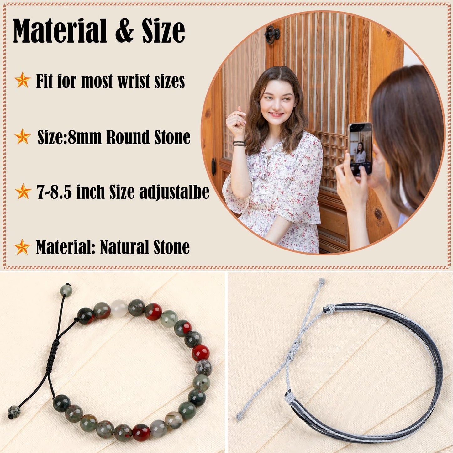 LPBeads 8mm African Bloodstone Bracelet with Handmade Rope Bracelet Size Adjustable Natural Stone Crystal Healing Bracelets Gifts for Unisex Adults