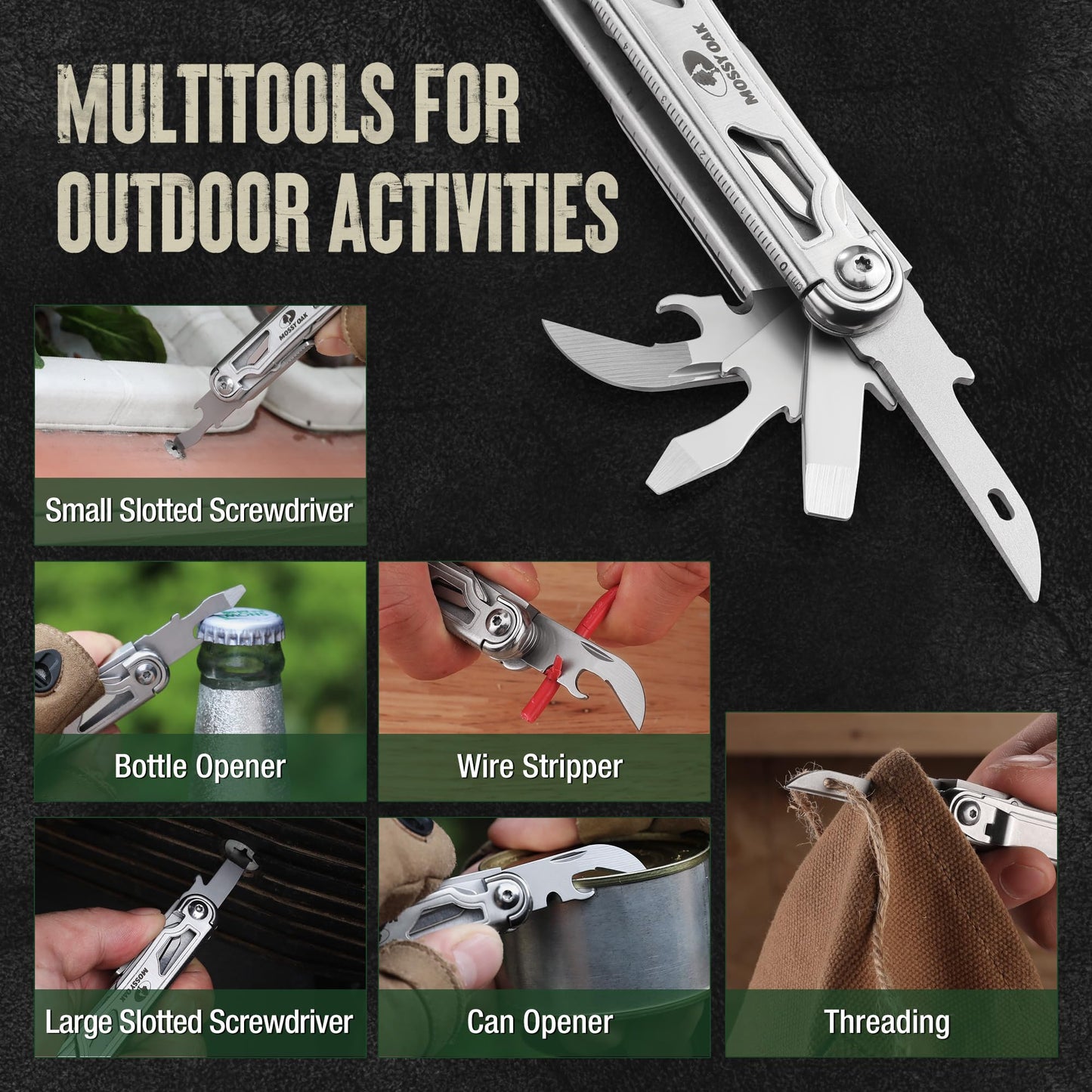 Mossy Oak 12-in-1 Multitool Pocket Knife with Pouch, Stainless Steel Multitool Knife with Clip, Survival Tools with Scissors, Bottle Opener, Wire Stripper, Glass Breaker, Screwdriver