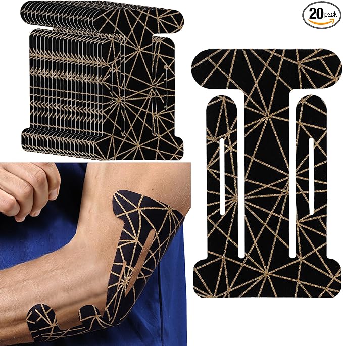 Geiserailie 20 Pcs Precut Kinesiology Tape for Elbows, Pain Relief Pre Cut Sports Waterproof Breathable Enhance Elastic Copper Infused Kinesiology Athletic Tape for Body Support and Muscle Black