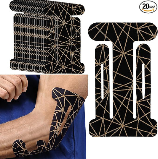 Geiserailie 20 Pcs Precut Kinesiology Tape for Elbows, Pain Relief Pre Cut Sports Waterproof Breathable Enhance Elastic Copper Infused Kinesiology Athletic Tape for Body Support and Muscle Black