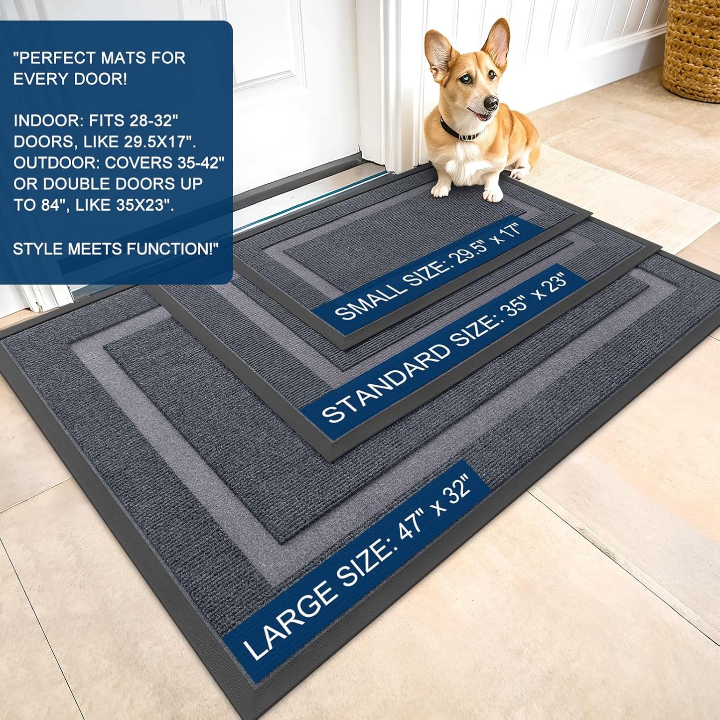OLANLY Indoor Outdoor Front Door Mat - Waterproof All-Season Doormat, Sturdy Natural Rubber, 71x23, Light Grey