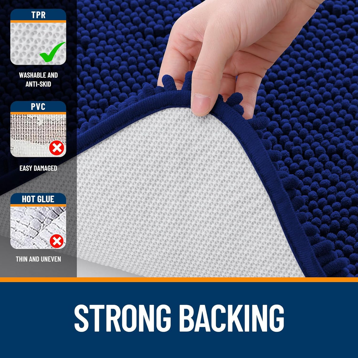OLANLY Bathroom Rugs - Extra Soft Chenille Bath Mats with Rubber Backing | Quick Dry, Machine Washable, Navy 35x24