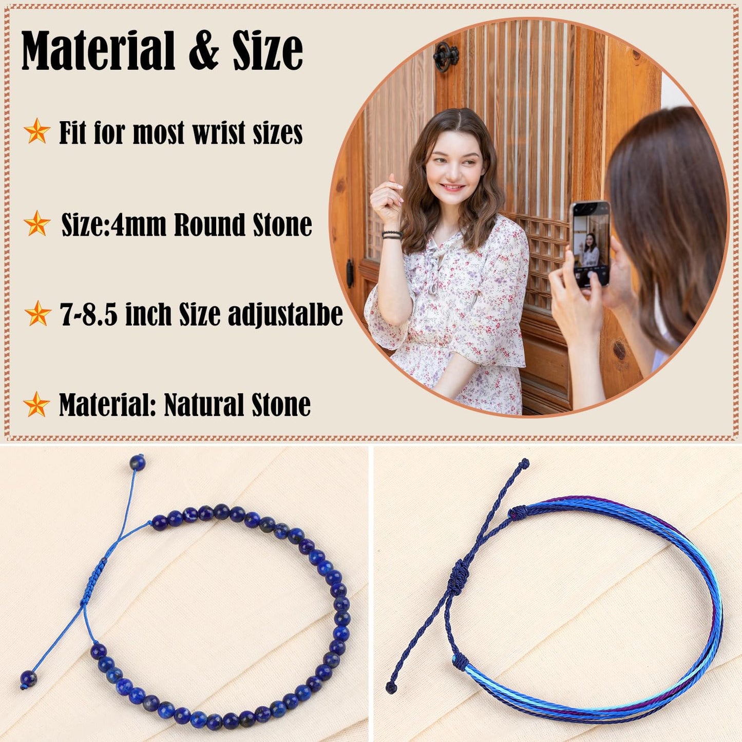 LPBeads 4mm Blue Lapis Bracelet with Handmade Rope Bracelet Size Adjustable Natural Stone Crystal Healing Bracelets Gifts for Unisex Adults