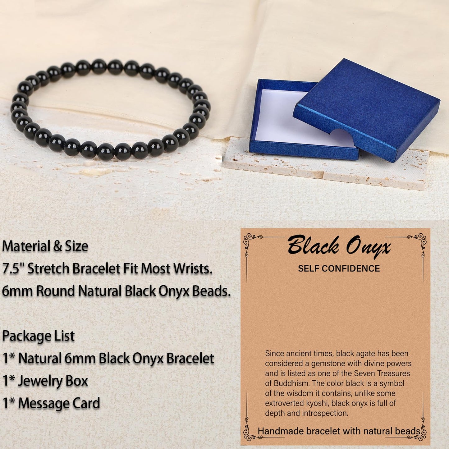LPBeads Handmade Natural Gemstone Stretch Elastic 6m Black Onyx Bracelet Healing Crystal Round Stone Beads Jewelry Gifts for Women Men