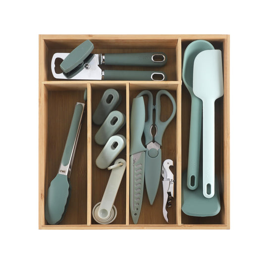 COOK WITH COLOR Bamboo Kitchen Utensil Set with Drawer Organizer | Cooking Tools and Storage Caddy, Sage, 18 Piece Gadget Set