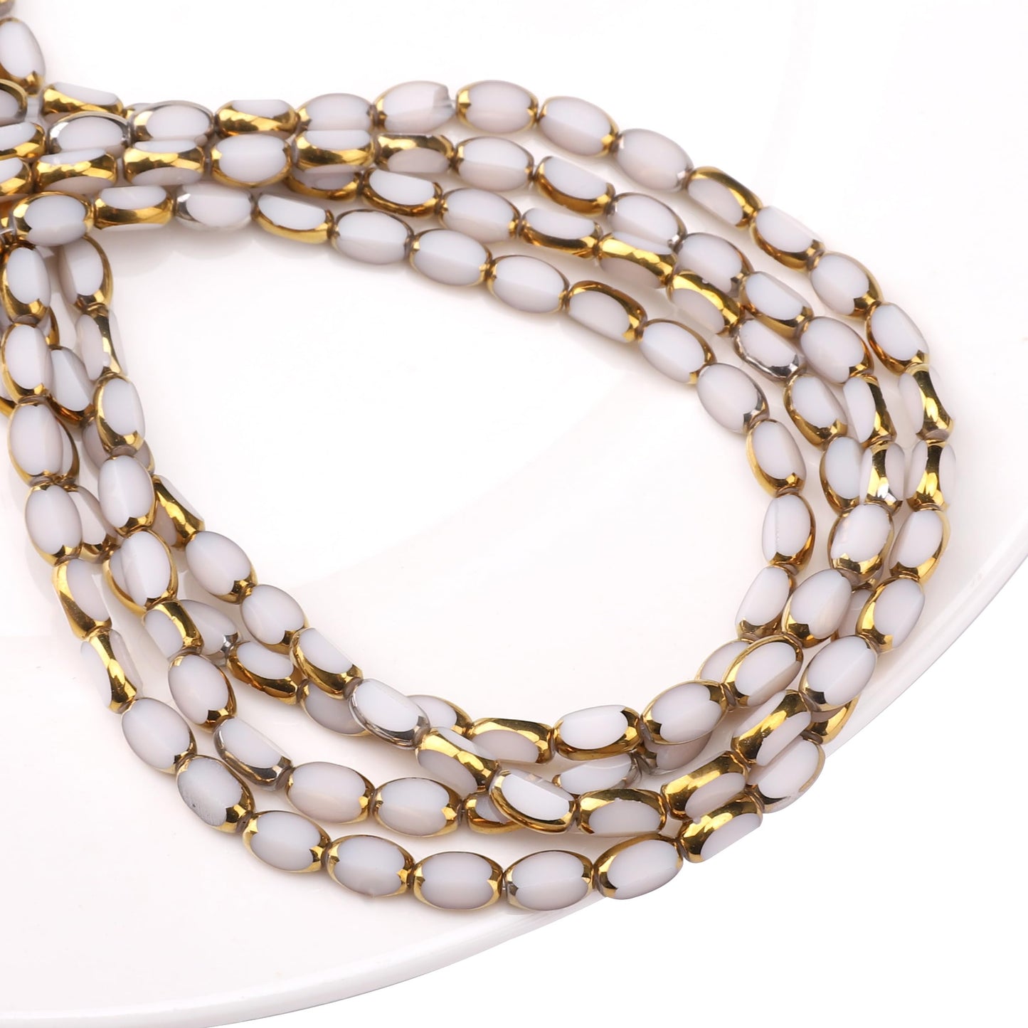 DADIFEN Glass Rice Beads White 4x6mm 50pcs Faceted Oval Golden Edge Crystal Loose Beads for DIY Craft Jewelry Making