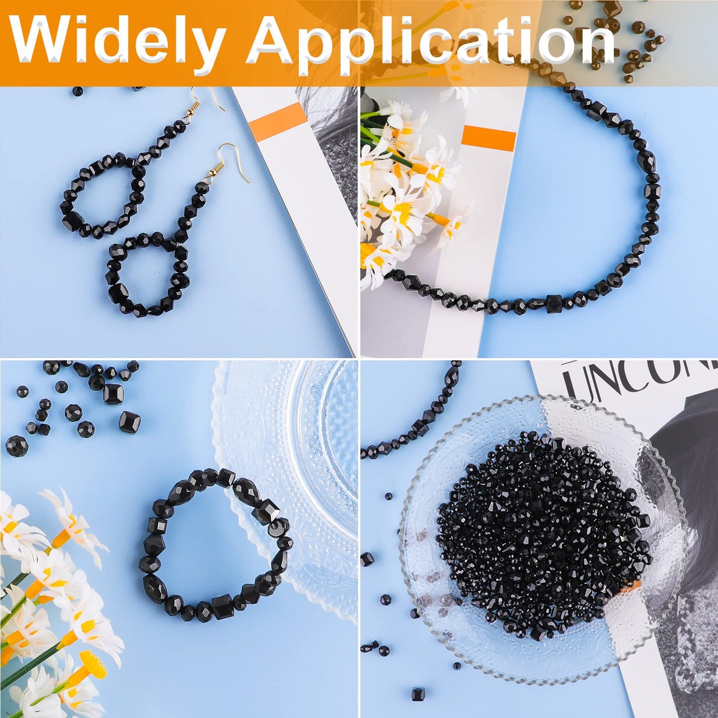 Crystal Beads, 600pc Rondelle Jewelry Glass Beads Bulk, Assorted; 4/6/8mm Black