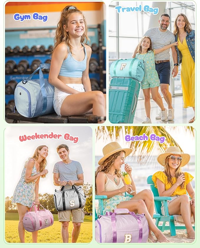 Girls Cheer Up Gifts, Girl Gym Bag, Kids Monogram Overnight Duffel Bags with Shoe Compartment, Personalized Travel Bag with Makeup Pouch, Dance Gift for Niece Daughter (Letter K)