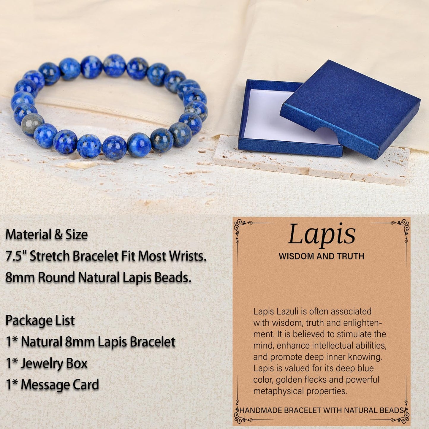 LPBeads Handmade Natural Gemstone Stretch Elastic 8mm Lapis Lazuli Bracelet Healing Crystal Round Stone Beads Jewelry Gifts for Women Men