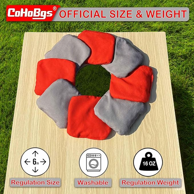CoHoBgs Corn Hole Bags Set 8, Professional Cornhole Bags Dual-Sided Slick & Stick Resin Filled Suede and Duck Canvas Bean Bag for Cornhole Game Includes Carry Case
