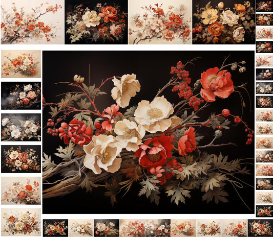 Decoupage Paper Pack (35 Sheets 6"x8") Antique Florals: Vintage-Inspired Floral Arrangements in Sepia, Ivory and Deep Red, Featuring Delicate Branches, Soft Shadows and Elegant Petal Textures FLONZ