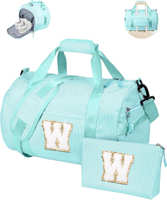 Teen Girls Gifts, Girl Gym Bag, Kids Initial Overnight Duffel Bags with Shoe Compartment, Personalized Travel Bag with Makeup Pouch, Gift Ideas for Niece Daughter (Letter W)