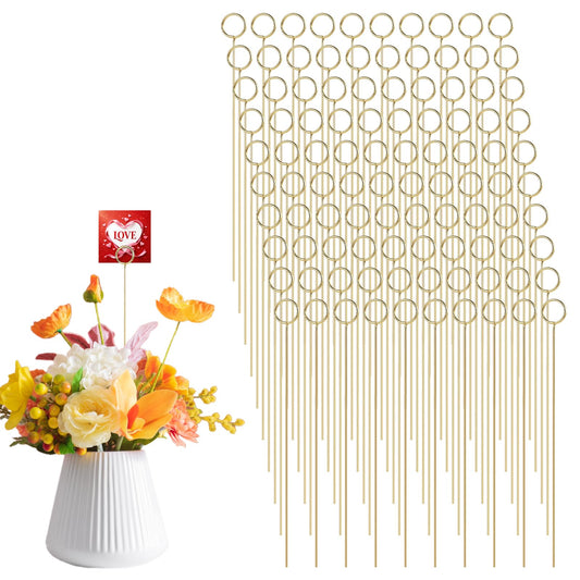 Oqqlin 100 Pcs Floral Card Holder Picks Bulk, 12 Inch Metal Wire Flower Place Card Sticks Round Picture Memo Clip Holder for Wedding, Party, Birthday, Baby Shower Supplies