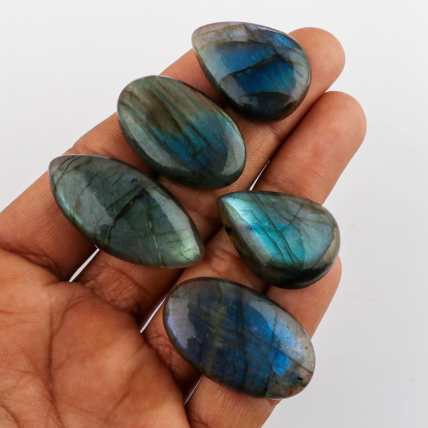 CRYSTALINES 5pcs Natural Multi Color Labradorite Gemstone Cabochons, Bulk Spectrolite Polished Stones, DIY Jewelry Making, Healing Crystals, Wholesale Loose Supply, Wire Wrapping, Gem Collection