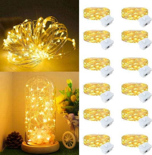 Skiennix 12-Pack Fairy Lights - 7ft Battery Operated Mini String Lights | Waterproof Silver Wire for Weddings & Parties