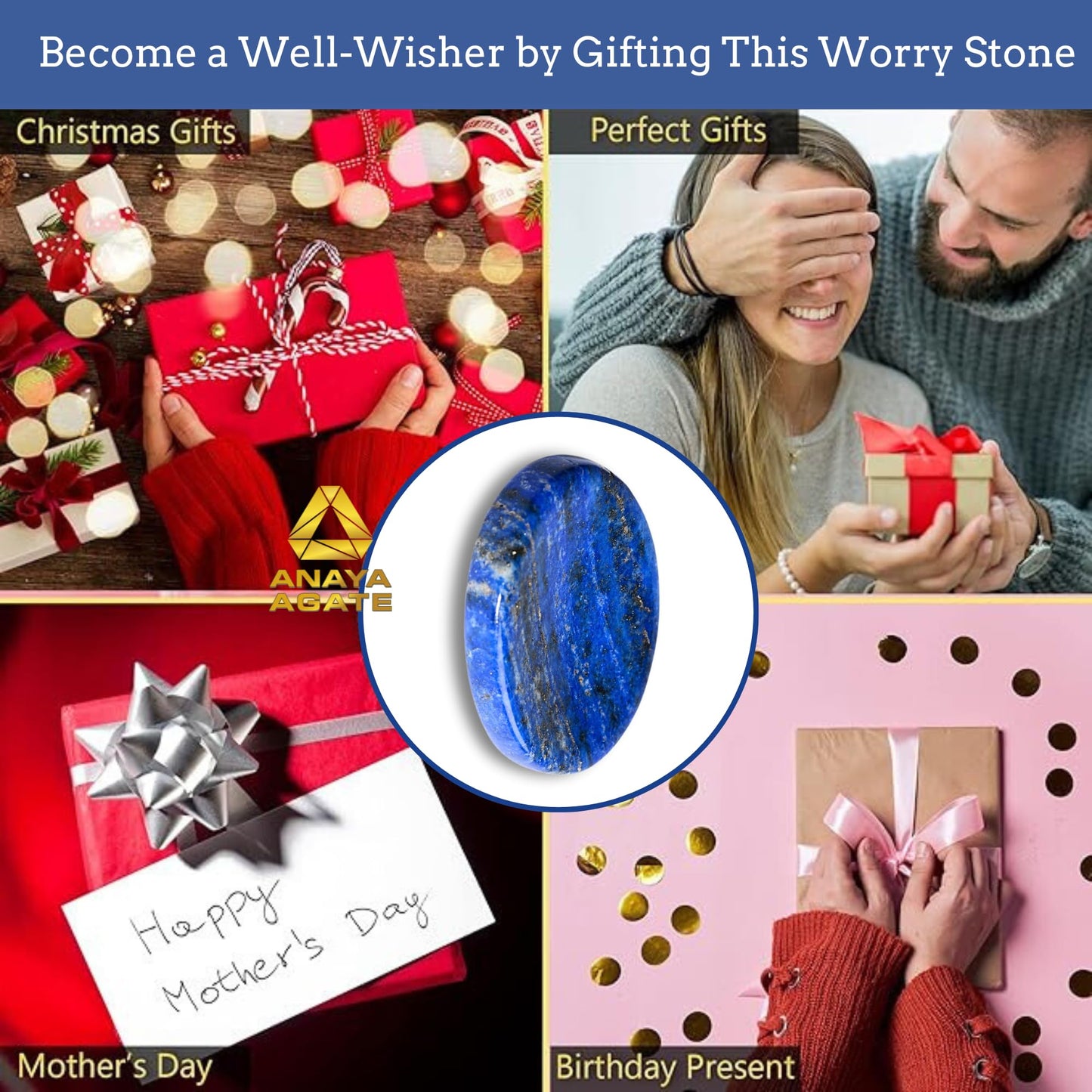 Anaya Agate Lapis Lazuli Worry Stones Certified Crystal Thumb Worry Stone for Anguish, Relaxing and Soothing Balance Stones for Meditation, Stress Relief Crystals and Healing Stones for Men, Women