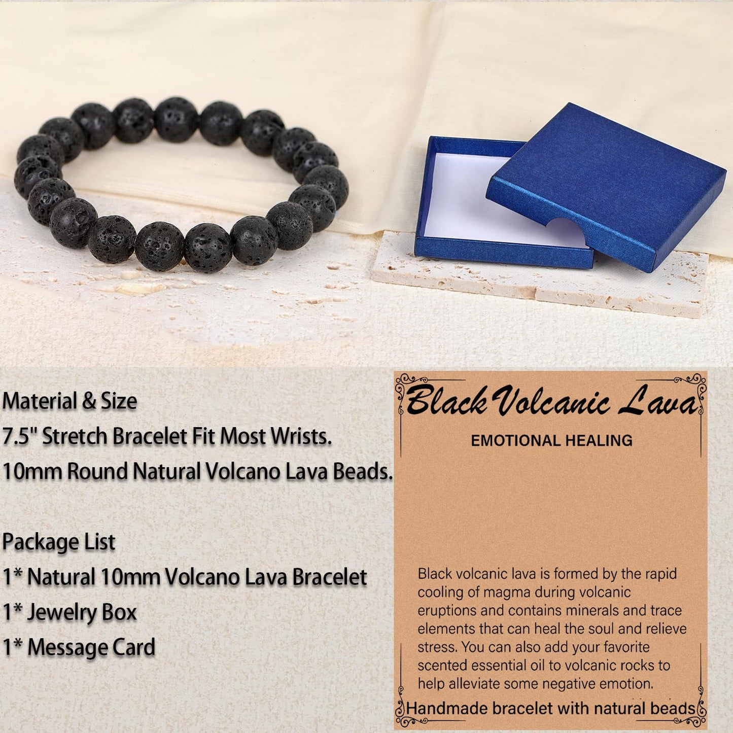 LPBeads Handmade Natural Gemstone Stretch Elastic 10mm Black Lava Bracelet Healing Crystal Round Stone Beads Jewelry Gifts for Women Men