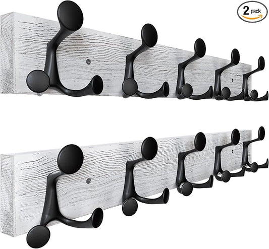 SKOLOO 24-Inch Wood Coat Rack Wall Mount with 5 Triple Hooks - Ideal for Family Entrances, Classrooms, and Pet Supplies Storage - Perfect Coat Hooks for Wall,Distressed White Wash, Pack of 2