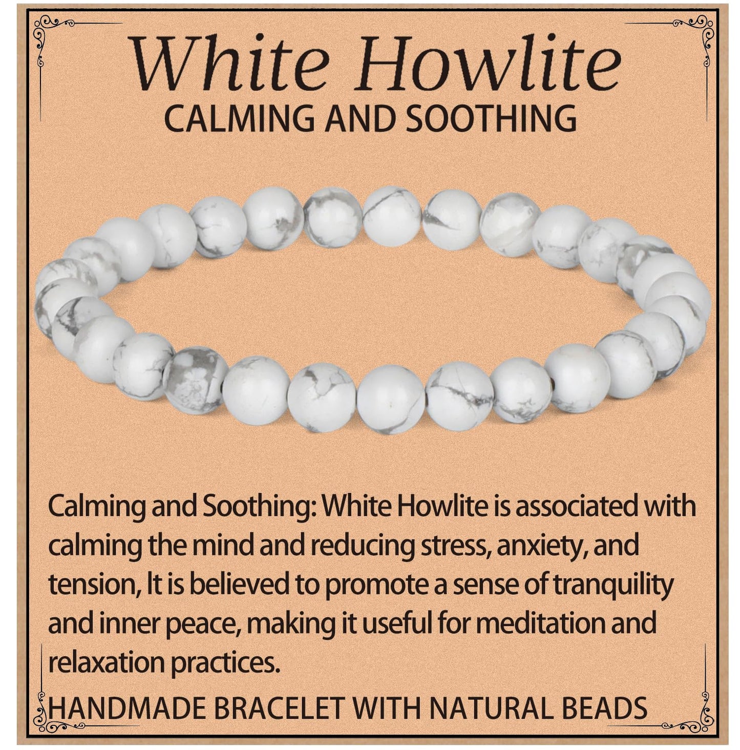 LPBeads Handmade Natural Gemstone Stretch Elastic 6mm White Howlite Bracelet Healing Crystal Round Stone Beads Jewelry Gifts for Women Men