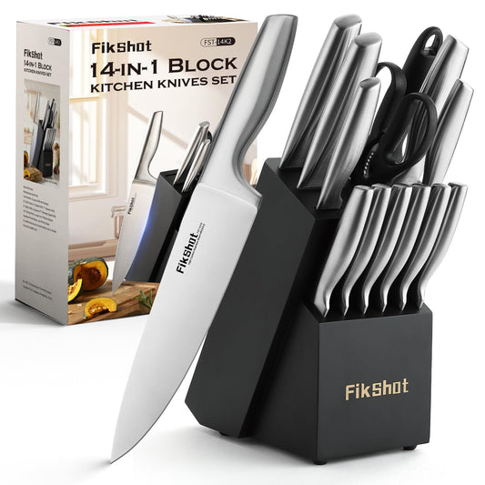 FIKSHOT Kitchen Knife Set, German Stainless Steel kitchen knives – Includes Knife Block Set & Sharpener, High Carbon, Rust-Resistant, Ergonomic Handle for Cooking, Grilling & Gifting