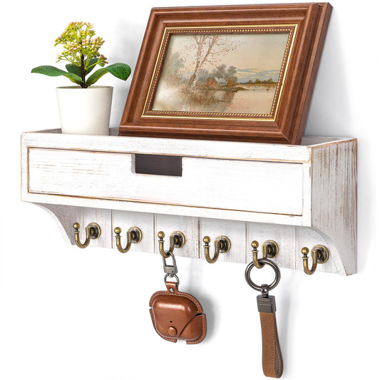 Rebee Vision Pine Wood Key Holder Wall Mount with Drawer Organizer for Farmhouse Decor – Mail Organizer with 6 Sturdy Key Hooks and Storage Drawer – Room Decor for Apartment Essentials (Whitewash)