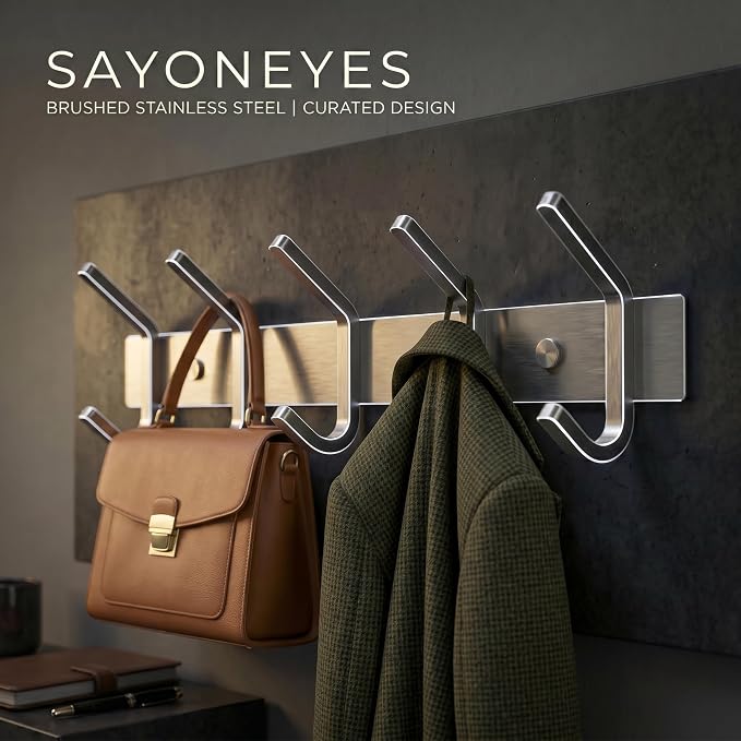 Coat Rack Wall Mount – Brushed Nickel 15 Inch Stainless Steel Hook Rail with 5 Heavy Duty Double Coat Hooks – Wall Mounted Coat Hanger for Entryway, Bathroom, Bedroom, Towel, Hat Organizer - 2 Pack