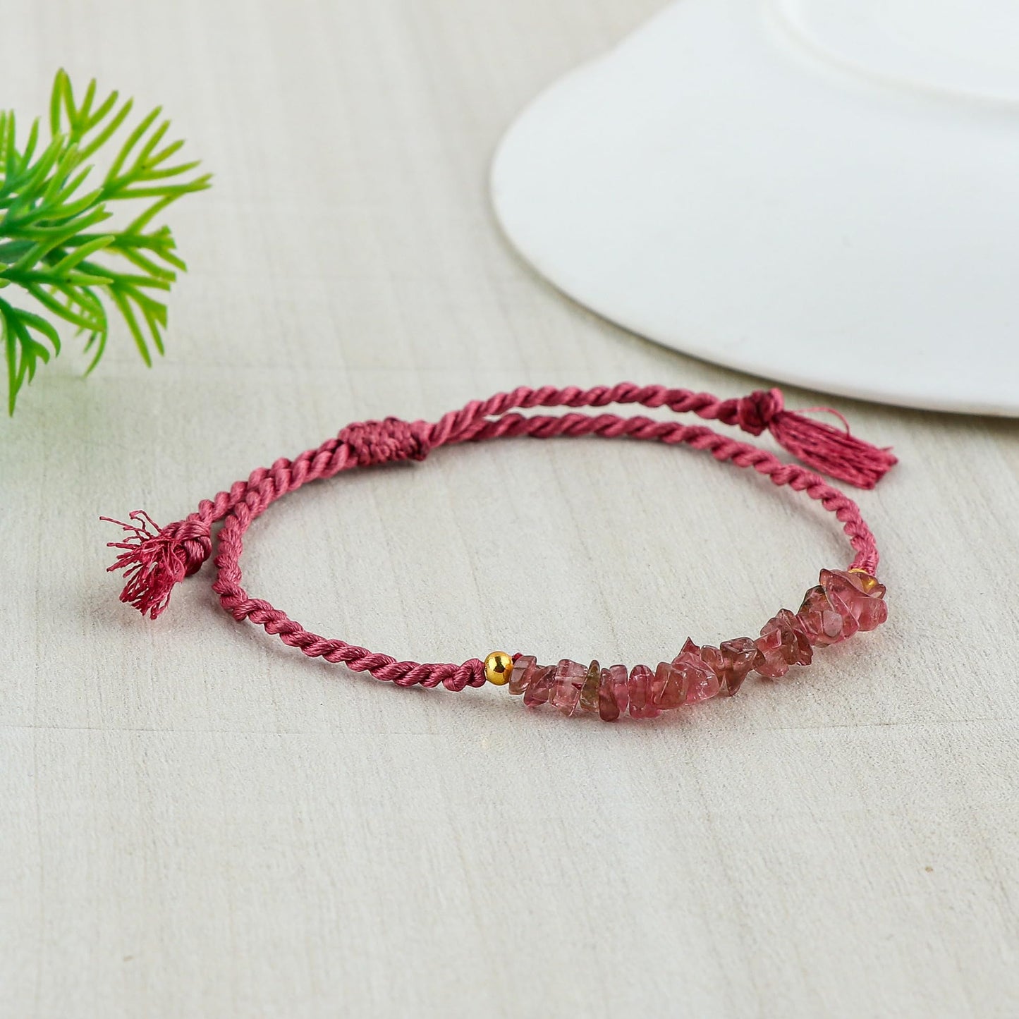 TGH Natural Pink Tourmaline Chips Braided Bracelet Spritual Healing Unisex Bracelet December Birthstone Hand Braided Gemstone Jewelry 7 inch Adjustable Christmas Gift (Pink Tourmaline)
