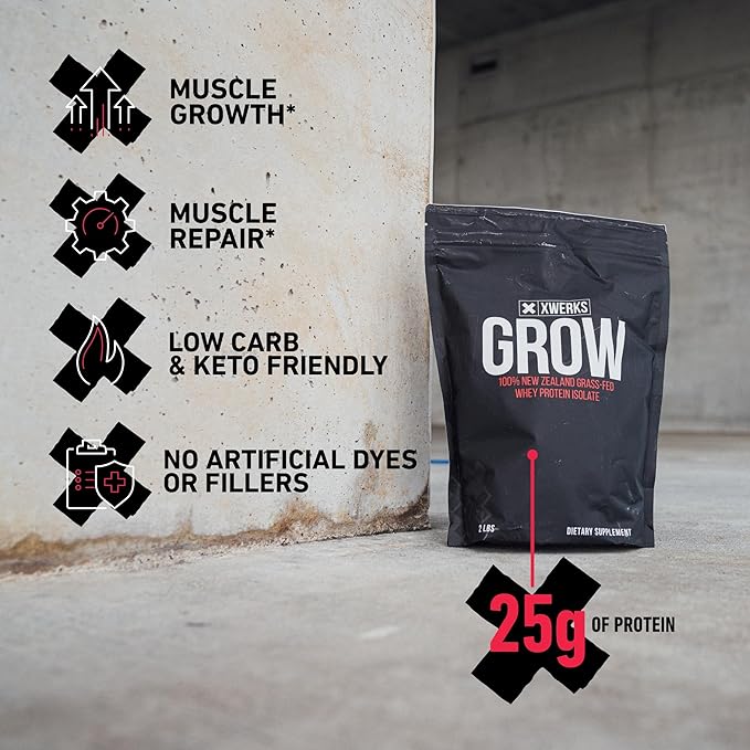 Xwerks Grow 100% New Zealand Grass Fed Whey Protein, 25g Pure Isolate Protein Powder Per Serving, All Natural Paleo and Keto Friendly, Soy Free Gluten Free Easy to Digest, Strawberry, 30 Servings