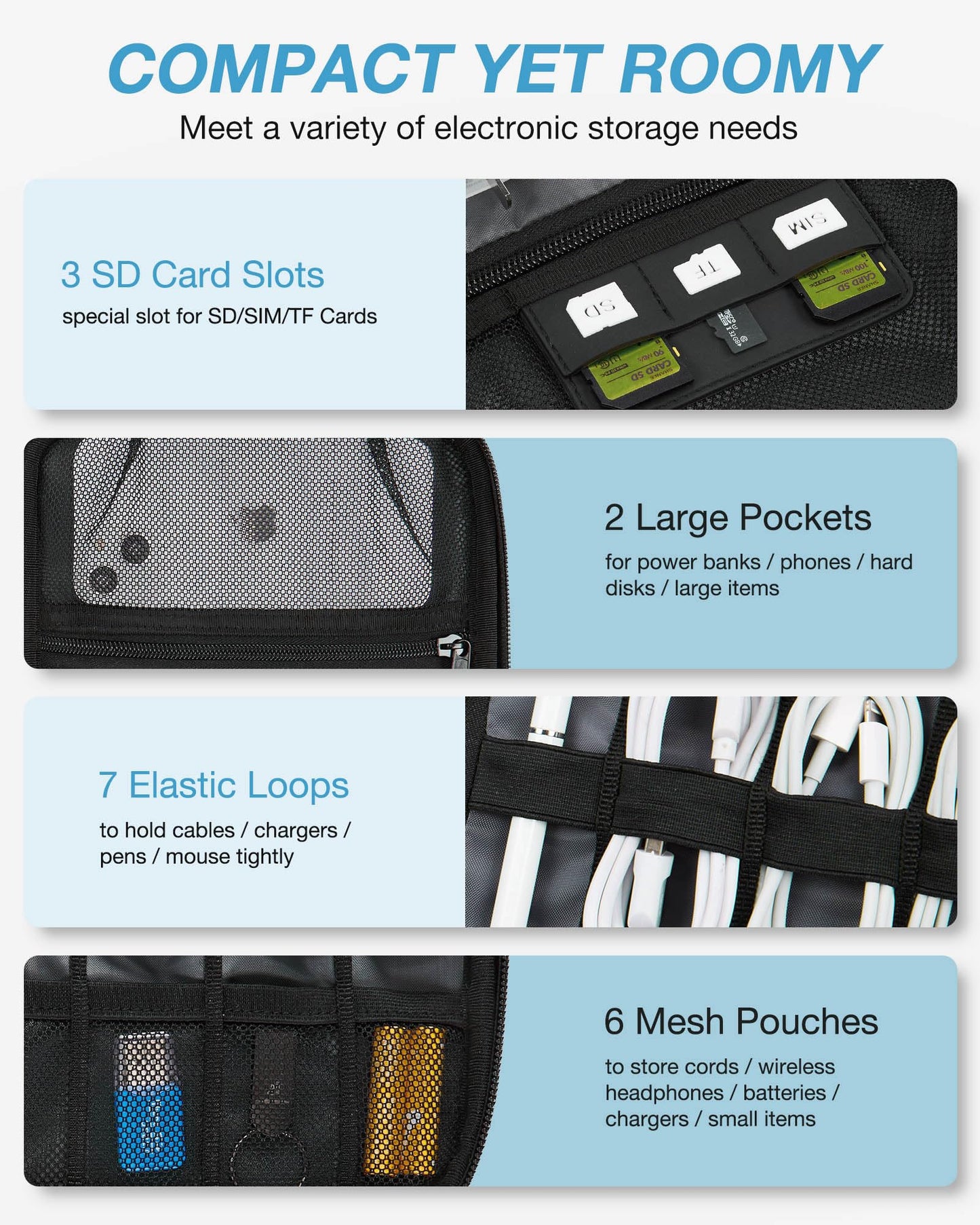 BAGSMART Large Electronics Travel Organizer Case, Tech Accessories Cord Storage Bag for Phone, Power Bank, SD Card, Cables, Black
