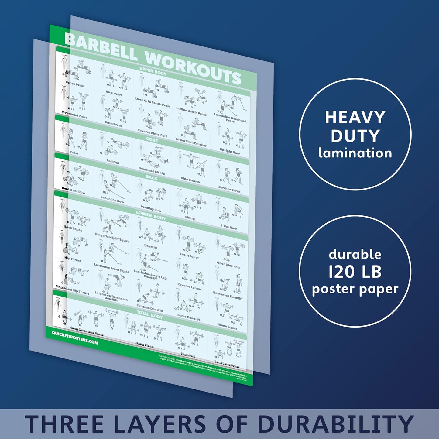 Palace Learning 4 Pack - Laminated Workout Charts for Dumbbell, Barbell, Bodyweight & Kettlebell | 18” x 24”