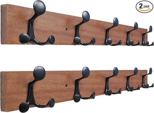 SKOLOO 24-Inch Wood Coat Rack Wall Mount with 5 Triple Hooks - Ideal for Family Entrances, Classrooms, and Pet Supplies Storage - Perfect Coat Hooks for Wall,Mahogany (Sapele), Pack of 2