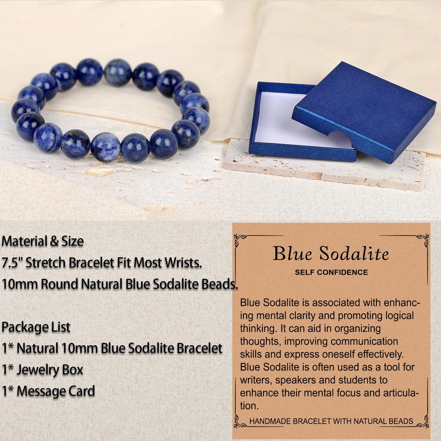 LPBeads Handmade Natural Gemstone Stretch Elastic 10mm Blue Sodalite Bracelet Healing Crystal Round Stone Beads Jewelry Gifts for Women Men