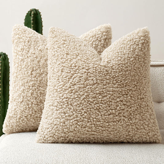 Woaboy Faux Fur Throw Pillow Covers 20x20 Inch Set of 2 Boucle Neutral Decorative Sherpa Fuzzy Accent Soft Sheepskin Fleece Cushions Modern Home Decor for Couch Sofa Bedroom Living Room,Oatmeal