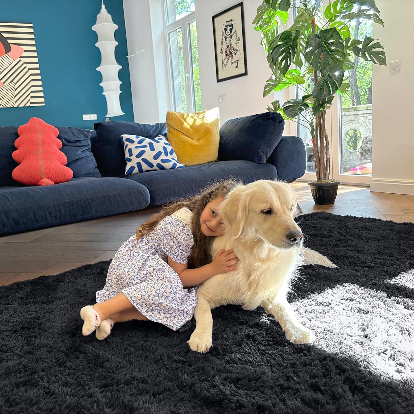 OLANLY Area Rug - Soft Fluffy Shaggy Design - Machine Washable 4x5.9 ft - Perfect for Living Room & Nursery Decor - Black