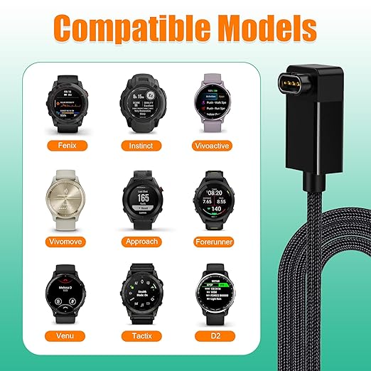 AGVEE 2 Pack 6.6ft Charger for Garmin Watch, L-Shape Zero Gap Charging Cable for Fenix, Forerunner, Vivoactive, Instinct, Venu, Tactix, Approach, D2, Quatix Series, Right Angle Braided, Black