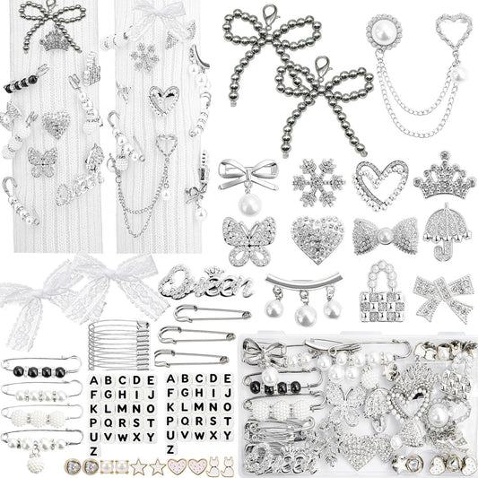 RQAYE 268pcs Silver Junk Socks Charms Kit,Shoe Charms for Sneakers, Brooches and Pins for Women, Pearl and Rhinestone Sock Charm with Safety Pins,DIY Accessories for Personalizing Socks