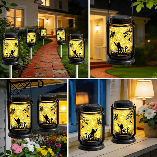 Cat Lover Gifts for Mom, Grandma,Women Mothers Day Birthday, Cat Solar Lanterns Butterfly Vintage Glass Hanging Mason Jar, Waterproof Fairy Garden Lights for Patio Yard Lawn Tree Decor