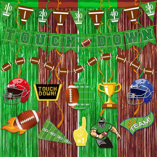 Football Party Decorations 25Pcs Brown Green Football Curtains Pre-Assembled Banner Hanging Swirl Spirals for Football Game Day Sunday Night Photo Booth Backdrops Theme Birthday Party Supplies Decors
